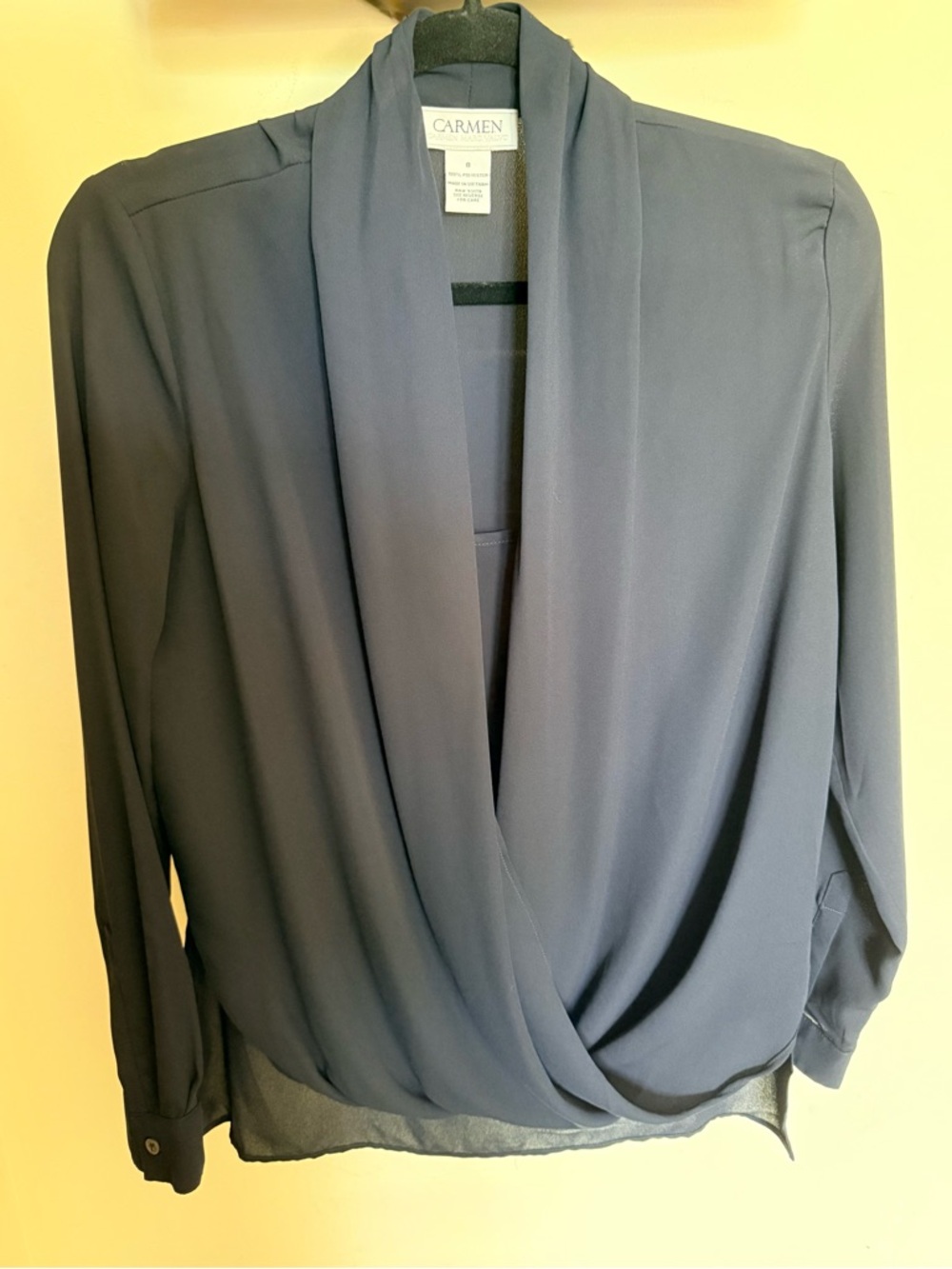 Carmen Marc Valvo Draped V-Neck Blouse in Navy Blue